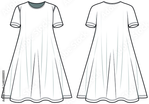 Short Sleeve Flared Knee Length Tent Dress, Knit Dress Front and Back View. Fashion Illustration, Vector, CAD, Technical Drawing, Flat Drawing.