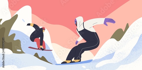 People on snowboards riding, sliding at mountain resort. Snowboarders on snow boards on winter holidays. Snowy scene, landscape with men during sports activity in Alps. Flat vector illustration