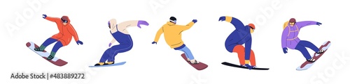 People riding winter snowboards set. Snow board riders sliding, jumping outdoors. Diverse snowboarders in motion. Wintertime sports activity. Flat vector illustrations isolated on white background