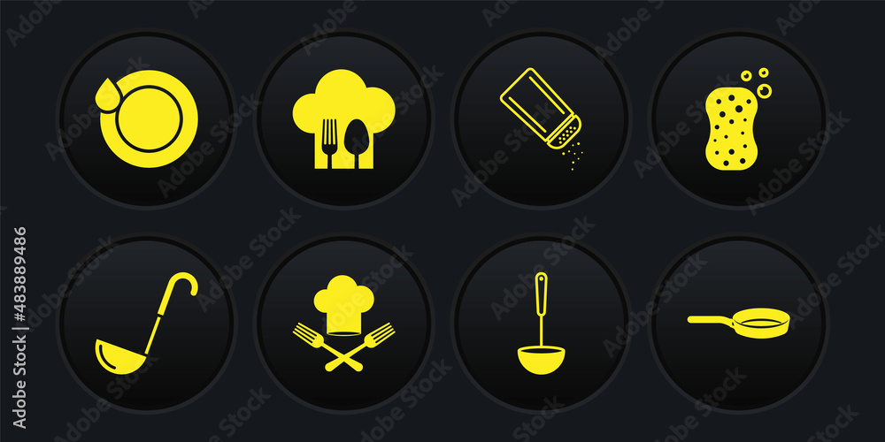 Set Kitchen ladle, Sponge with bubbles, Chef hat and fork, Salt pepper, spoon, Frying pan and Washing dishes icon. Vector Set Kitchen ladle, Sponge with bubbles, Chef hat and fork, Salt pepper, spoon, Frying pan and Washing dishes icon. Vector