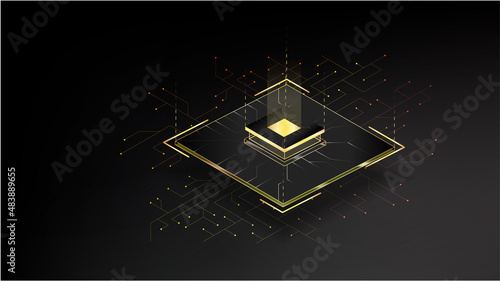 CPU. Futuristic processor on microchips. A quantum computer that processes large amounts of data, a database concept. Isometric banner of the processor, transmission and calculation of network data.