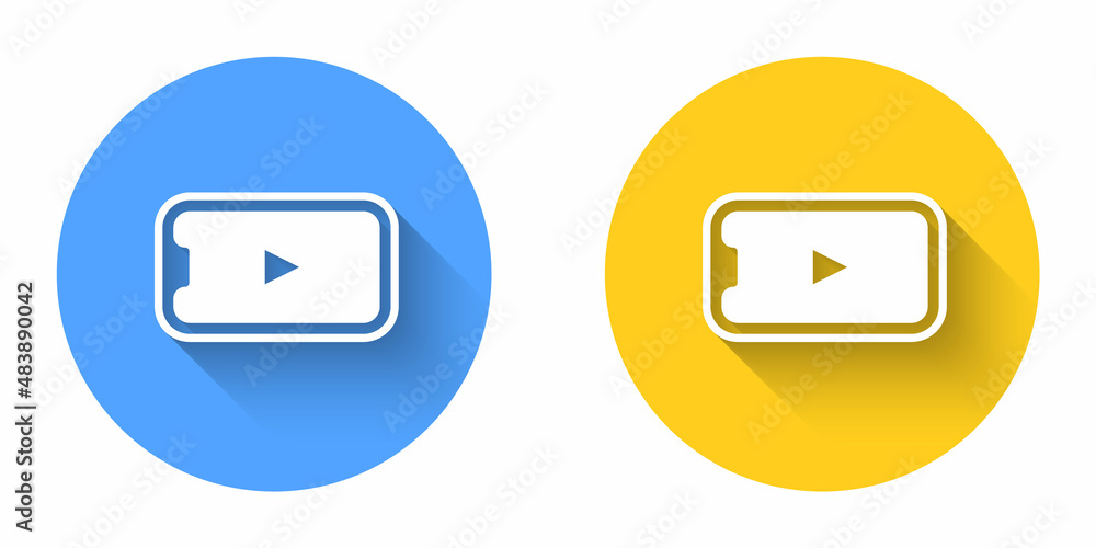 White Online play video icon isolated with long shadow background. Smartphone and film strip with play sign. Circle button. Vector White Online play video icon isolated with long shadow background. Smartphone and film strip with play sign. Circle button. Vector