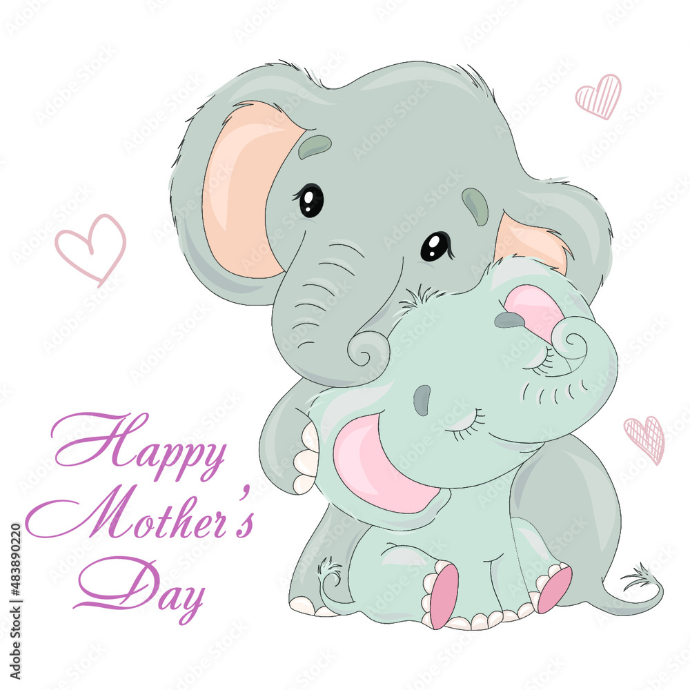 Fototapeta premium Cute elephant hugs mother elephant. Mother's love for the child. Kind children's illustration for mother's day. Mother's day card