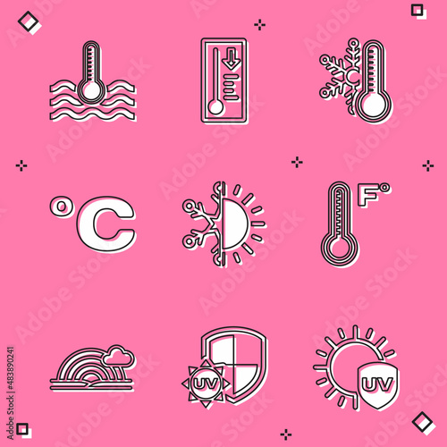 Set Water thermometer, Meteorology, Thermometer with snowflake, Celsius, Sun and, Rainbow cloud and UV protection icon. Vector