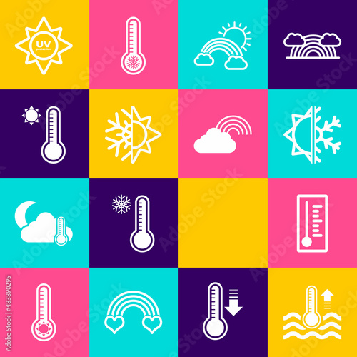 Set Water thermometer, Meteorology, Sun and snowflake, Rainbow with clouds sun, UV protection and icon. Vector