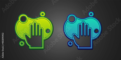 Green and blue Sponge icon isolated on black background. Wisp of bast for washing dishes. Cleaning service logo. Vector