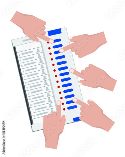 Electronic voting machine, hands casting vote on EVM, election symbol vector illustration