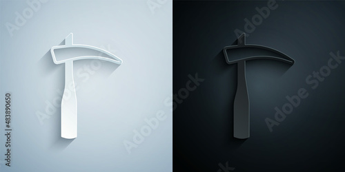 Paper cut Scythe icon isolated on grey and black background. Happy Halloween party. Paper art style. Vector