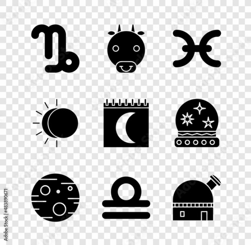 Set Capricorn zodiac, Ox, Pisces, Planet Mars, Libra, Astronomical observatory, Eclipse of the sun and Moon phases calendar icon. Vector