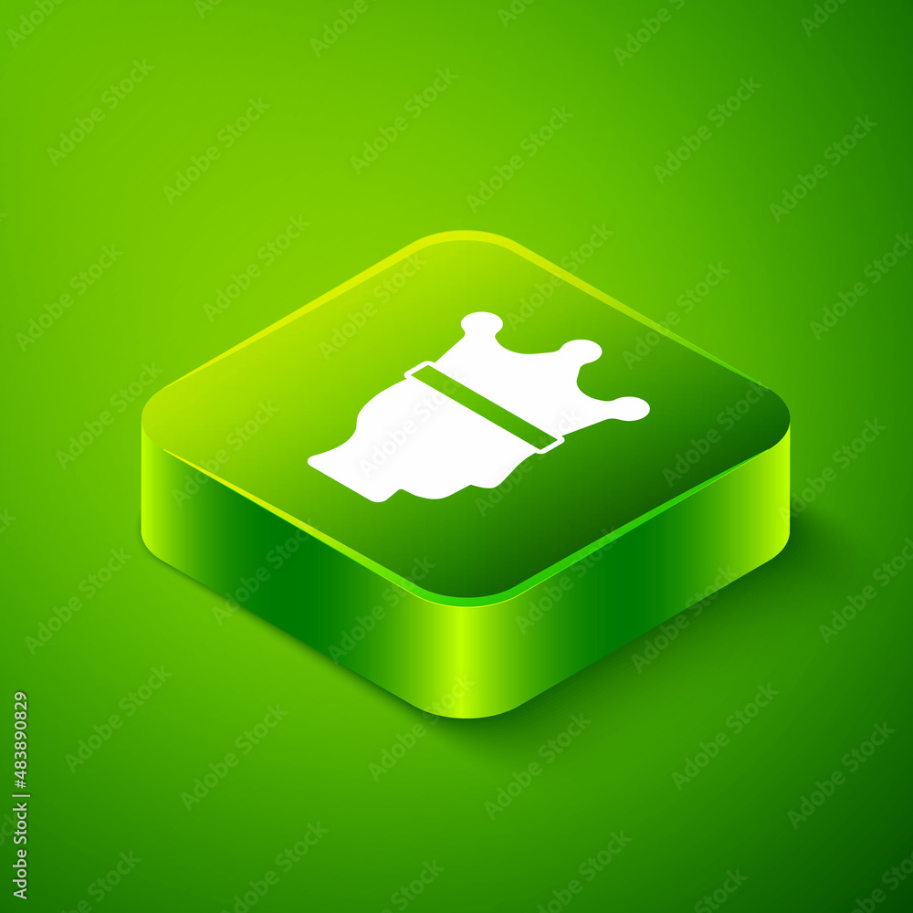 Isometric King crown icon isolated on green background. Green square button. Vector Isometric King crown icon isolated on green background. Green square button. Vector