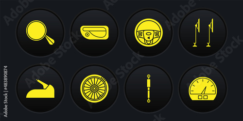 Set Car handbrake, Windscreen wiper, wheel, Shock absorber, Steering, door handle, Speedometer and mirror icon. Vector