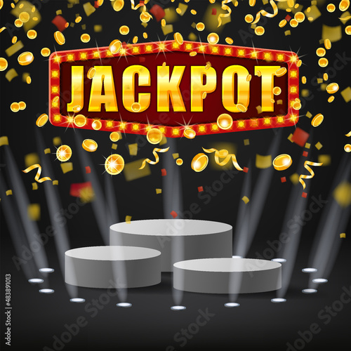Jackpot shining banner podium winner falling gold coins confetti. Round stage pedestal fo award ceremony. Vector illustration