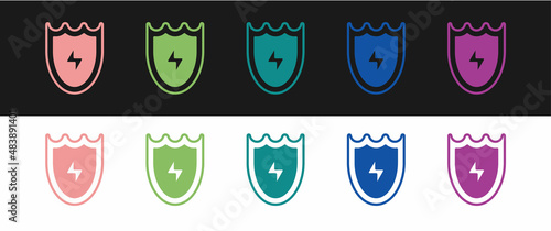 Set Lightning and shield icon isolated on black and white background. High voltage shield. Safe energy. Vector