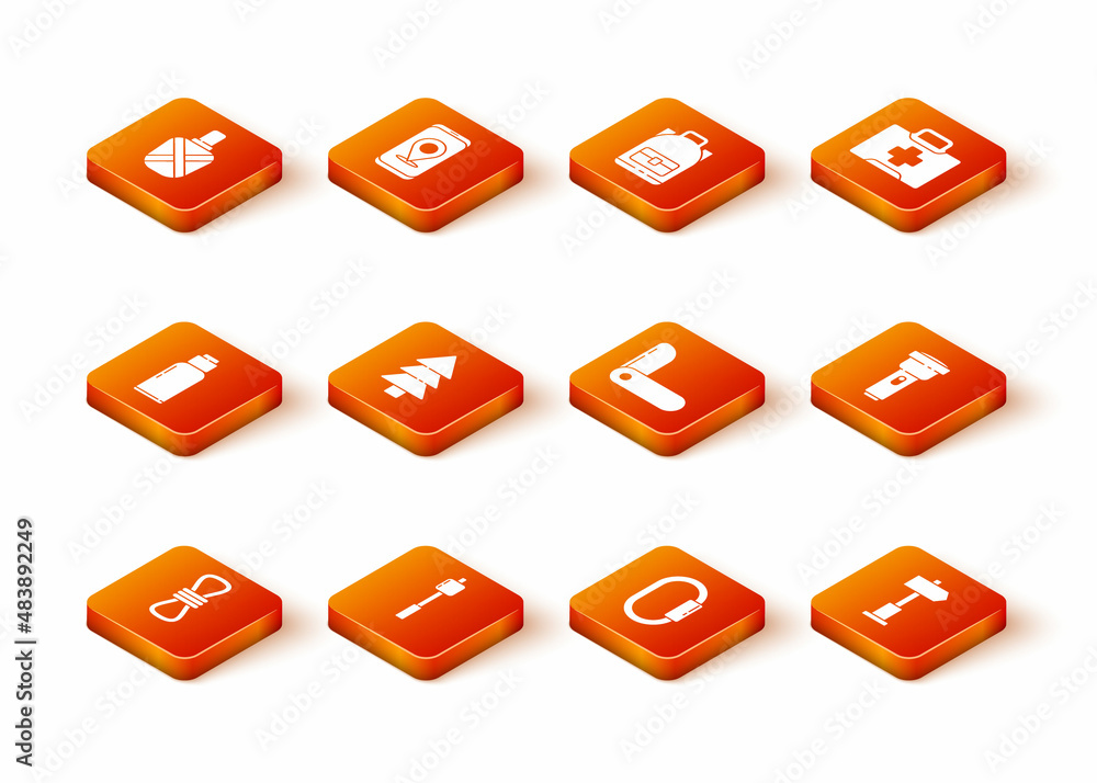 Set Climber rope, Marshmallow on stick, Canteen water bottle, Tree, Carabiner, Swiss army knife, Road traffic signpost and Flashlight icon. Vector Set Climber rope, Marshmallow on stick, Canteen water bottle, Tree, Carabiner, Swiss army knife, Road traffic signpost and Flashlight icon. Vector