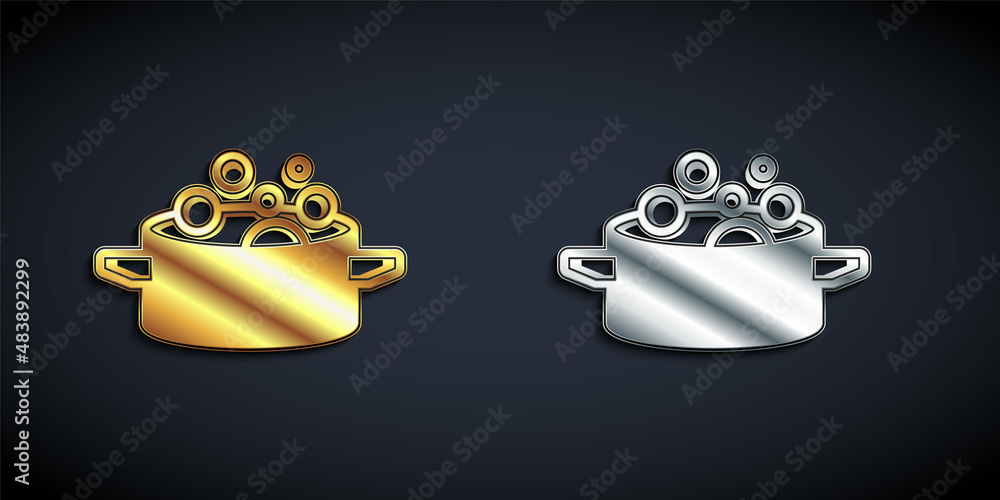 Gold and silver Cooking pot icon isolated on black background. Boil or stew food symbol. Long shadow style. Vector Gold and silver Cooking pot icon isolated on black background. Boil or stew food symbol. Long shadow style. Vector