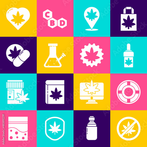 Set Stop marijuana or cannabis leaf, Ashtray, Marijuana olive oil, Location and, Glass bong for smoking, Herbal ecstasy tablets, heart and icon. Vector