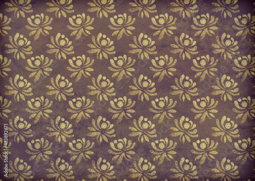 Brown grunge retro background with golden ornament. Backdrop for scrapbooking, packaging, postcards.