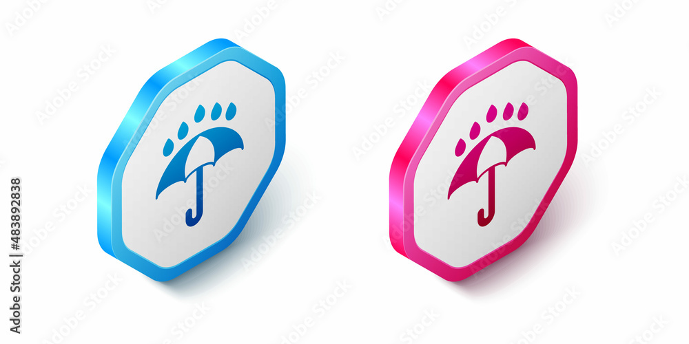Isometric Umbrella and rain drops icon isolated on white background. Waterproof icon. Protection, safety, security concept. Water resistant symbol. Hexagon button. Vector