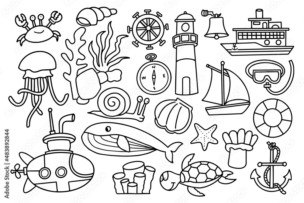 doodle design nautical theme vector illustration of marine animals, ships and others
