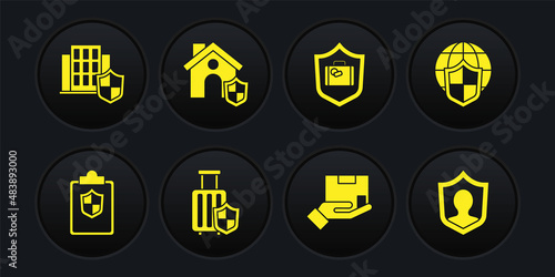 Set Document with shield, Shield world globe, Travel suitcase, Delivery insurance, House, Life and icon. Vector