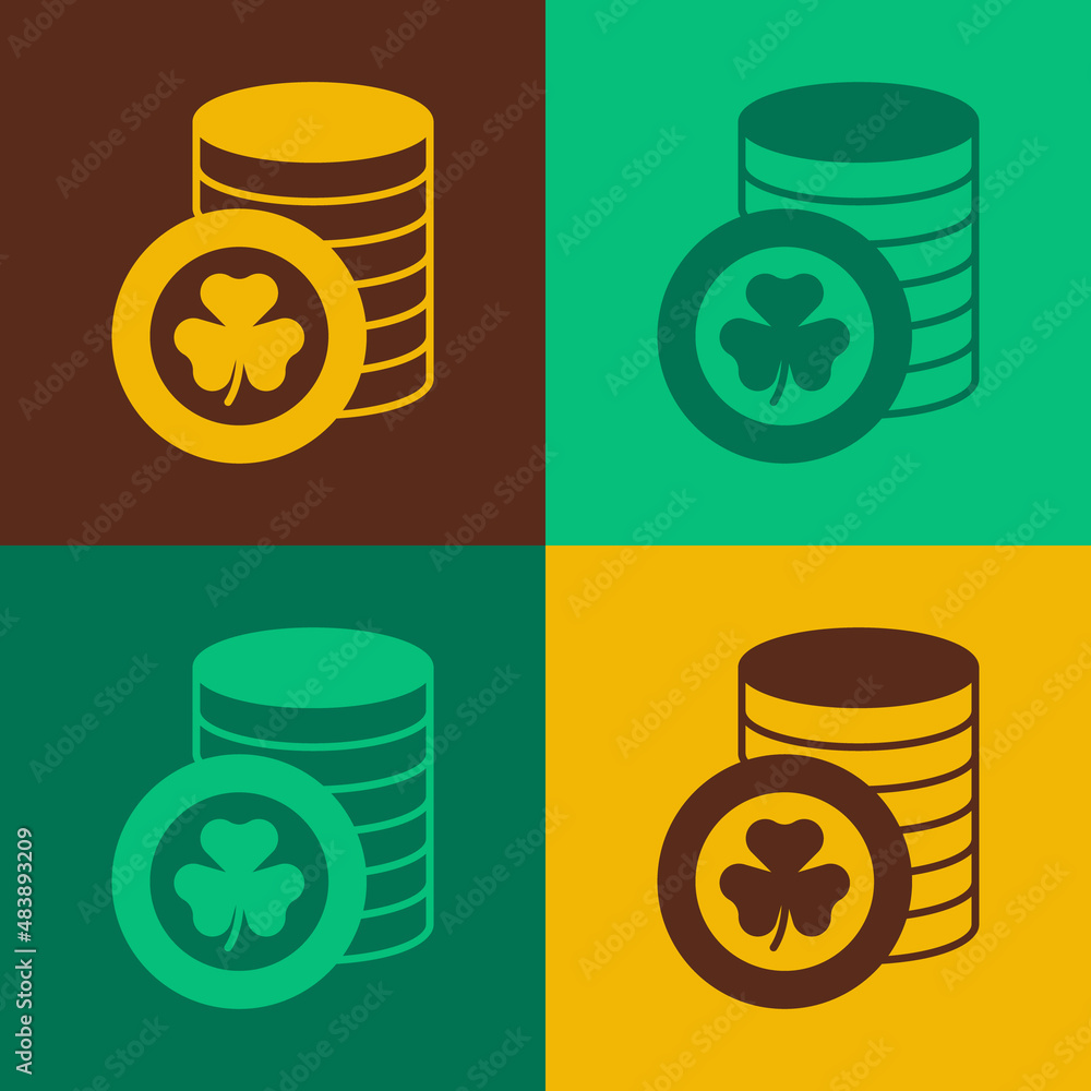 Pop art Golden leprechaun coin with clover trefoil leaf icon isolated on color background. Happy Saint Patricks day. National Irish holiday. Vector Pop art Golden leprechaun coin with clover trefoil leaf icon isolated on color background. Happy Saint Patricks day. National Irish holiday. Vector