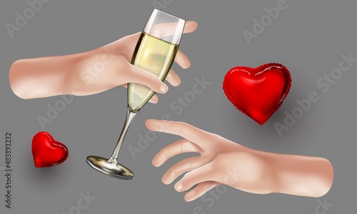 3 hands with a glass or with a plastic bottle in hand. Vector cartoon hand give red heart to another, isolated on background. Love or appreciation in social media concept illustration.