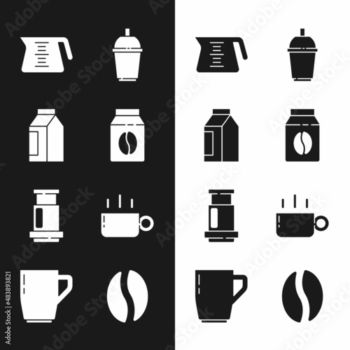 Set Bag of coffee beans, Coffee pot, cup to go, Aeropress, and icon. Vector