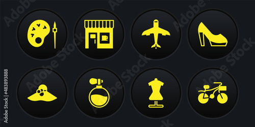 Set Elegant women hat, Woman shoe, Perfume, Mannequin, Plane, Coffee shop, Bicycle and Paint brush with palette icon. Vector