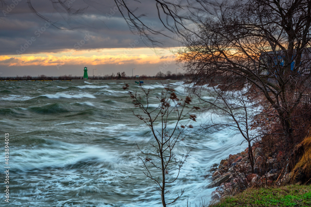 Fototapeta premium Storm on the Baltic Sea at sunset, Gdansk. Poland