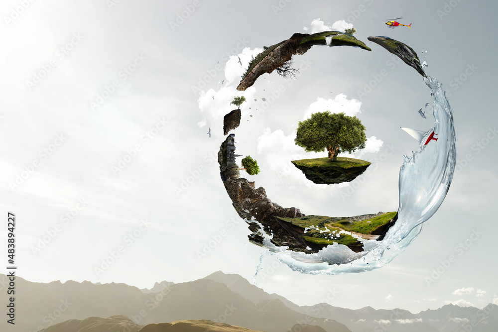 Fototapeta premium Green sphere landscape with grass and clear water