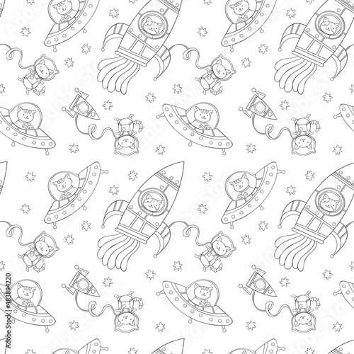 Cosmonaut cat. Rocket - spaceship. Flying saucer - aliens. Cartoon character. Stars print. Seamless vector pattern (background).
