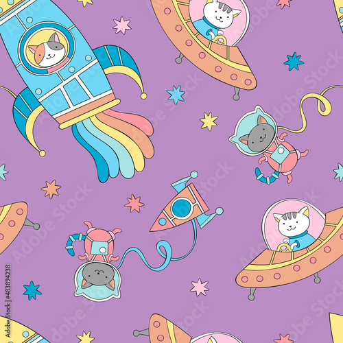 Cosmonaut cat. Rocket - spaceship. Flying saucer - aliens. Cartoon character. Stars print. Seamless vector pattern (background). 
