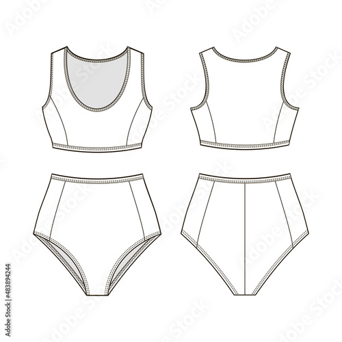 Fashion technical drawing of high-waisted sports two-piece swimsuit