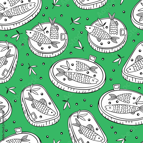 Canned. Fish. Sprats in butter. Cartoon print. Seamless vector pattern (background).