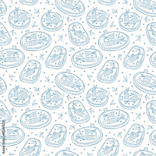 Canned. Fish. Sprats in butter. Cartoon print. Seamless vector pattern (background).