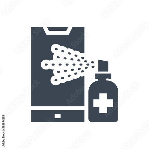 Smartphone disinfection related vector glyph icon. Alcohol Disinfector sprays aerosol onto smartphone screen. Disinfection sign. Isolated on white background. Editable vector illustration
