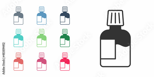 Black Mouthwash plastic bottle icon isolated on white background. Liquid for rinsing mouth. Oralcare equipment. Set icons colorful. Vector