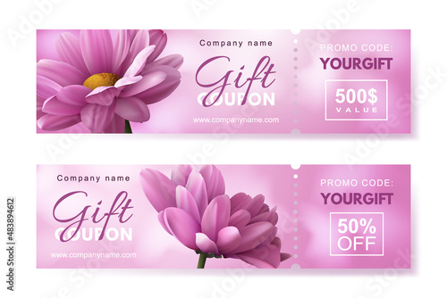 Set of gift coupons with two realistic pink chrysanthemum flowers. Template for a festive gift voucher, invitation and certificate. Vector Illustration