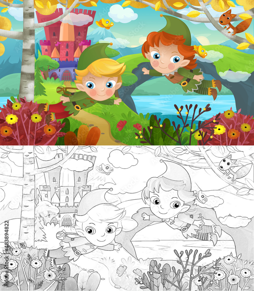 Fototapeta premium cartoon scene with forest elf and castle illustration