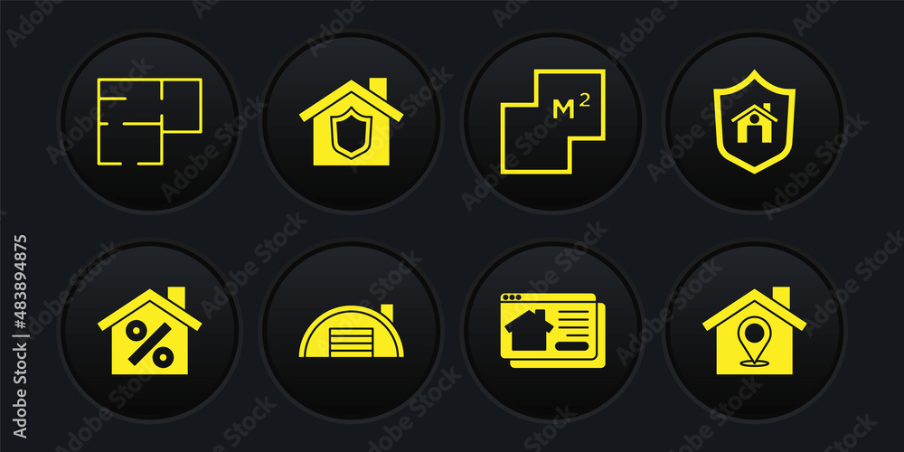 Set House with percant discount, shield, Warehouse, Online real estate, plan, Location and icon. Vector Set House with percant discount, shield, Warehouse, Online real estate, plan, Location and icon. Vector