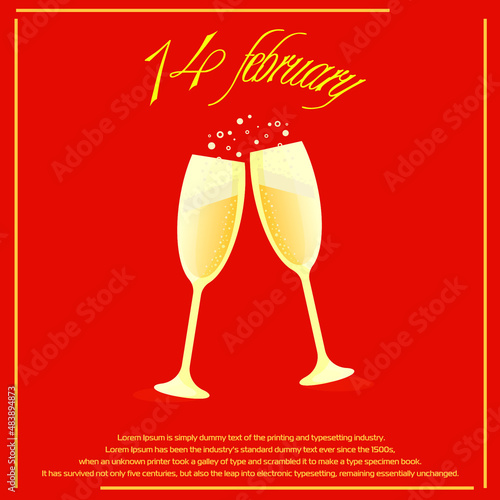Banner Two glasses of champagne hit each other, releasing bubbles, Valentine's Day February 14th. Banner for 14 February. Red-orange background. Champagne goblets