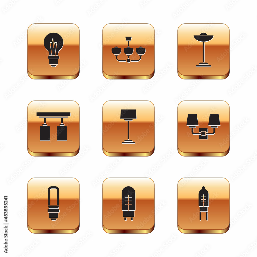Set Light bulb, LED light, emitting diode, Floor lamp, Led track lights and lamps, and Chandelier icon. Vector Set Light bulb, LED light, emitting diode, Floor lamp, Led track lights and lamps, and Chandelier icon. Vector