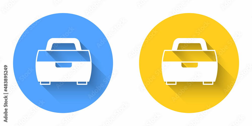 White Case or box container for wobbler and gear fishing equipment icon isolated with long shadow background. Fishing tackle. Circle button. Vector White Case or box container for wobbler and gear fishing equipment icon isolated with long shadow background. Fishing tackle. Circle button. Vector