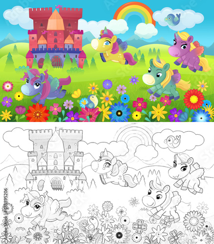 cartoon scene forest pony horses castle illustration