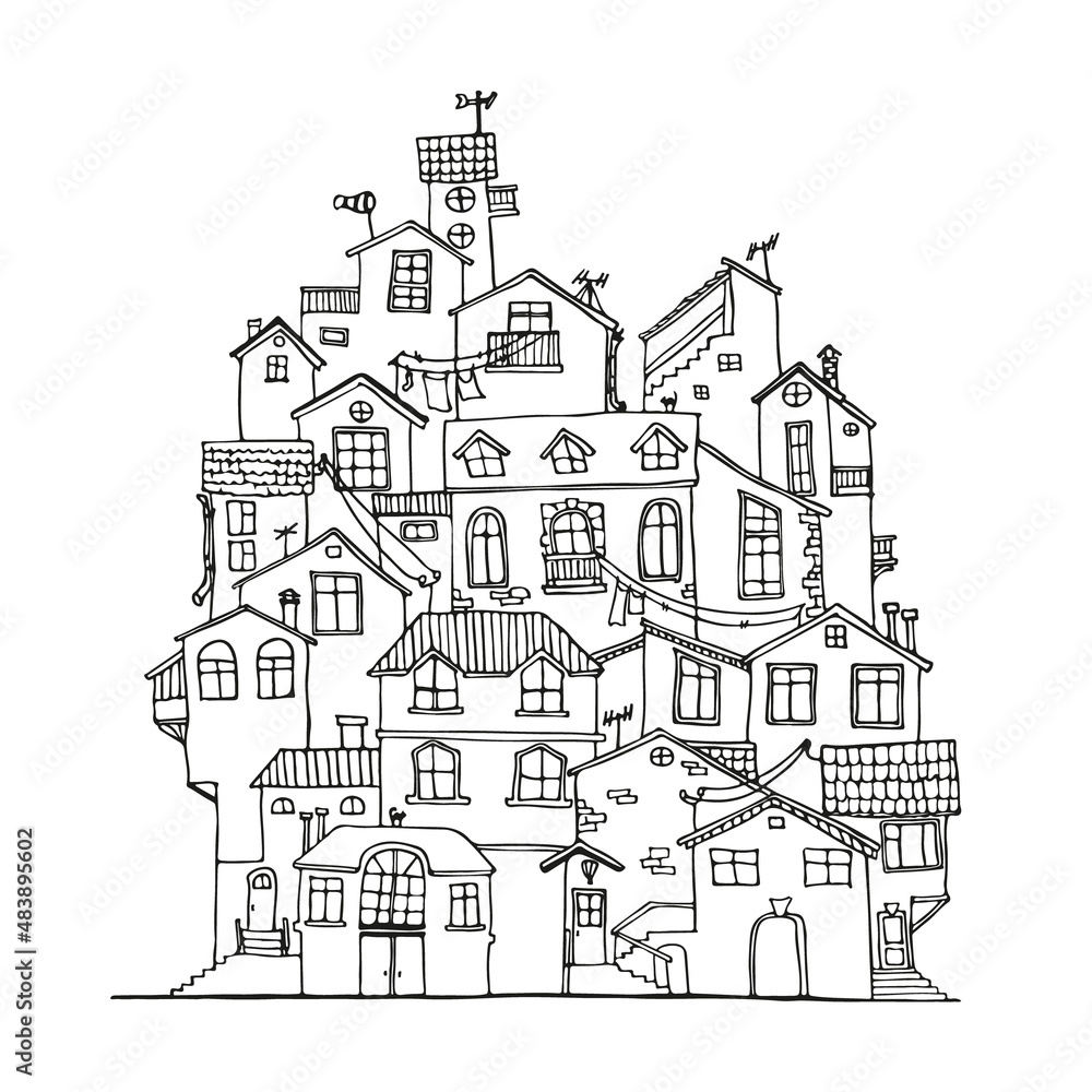 Doodle house hand drawn in black and white. Scandinavian cartoon ink houses. Home icon or logo. Adult coloring page. Vector Illustration.