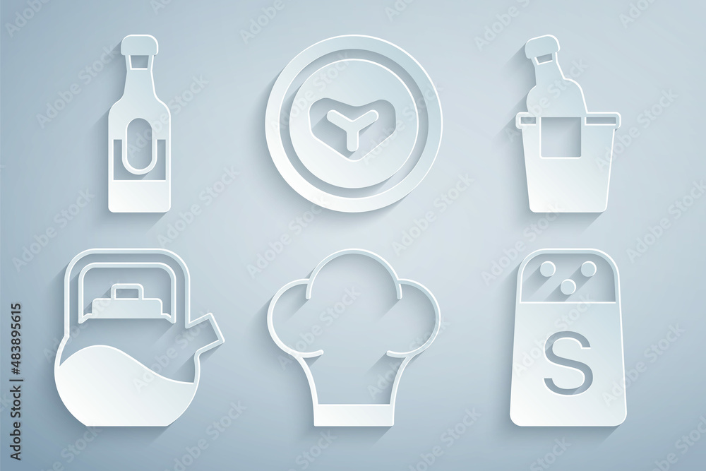 Set Chef hat, Champagne in an ice bucket, Kettle with handle, Salt, Steak meat on plate and Wine bottle icon. Vector Set Chef hat, Champagne in an ice bucket, Kettle with handle, Salt, Steak meat on plate and Wine bottle icon. Vector