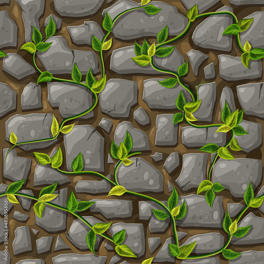 stone wall seamless pattern with green leaves and liana brunches. vector cartoon gray masonry texture with creeper plant. rocks wall, or boulders land surface background with tropical or jungle plants