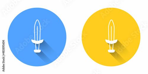 White Medieval sword icon isolated with long shadow background. Medieval weapon. Circle button. Vector