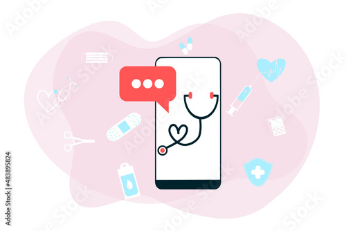 Online health tele medicine flat illustration. Online medical healthcare consultation and treatment via application of computer connected internet clinic. Online ask doctor consultation technology.