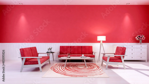 Living room interior in red theme color for Valentines day with copy space on empty wall, 3d rendering